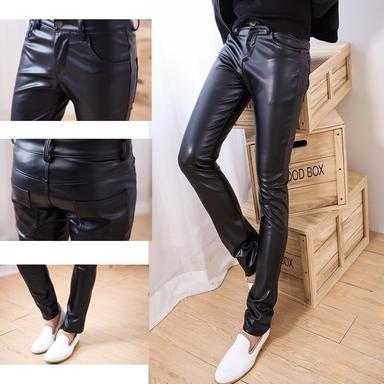 Men's Trousers Faux Leather Pants Casual Pants Pocket Solid Color Full Length Artificial Leather Fashion Casual Black Micro-elastic