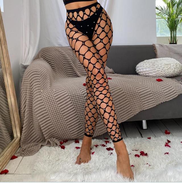 Women's Tights Pantyhose Mesh Stockings Tights Butt Lift Leg Shaping High Elasticity Mesh Rhinestone Hole Sexy Black One-Size