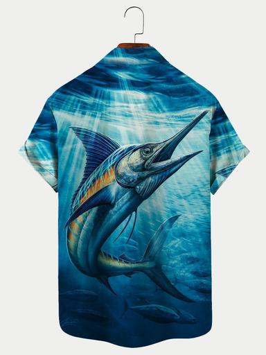 Hawaiian Marlin Fishing Shirt Mens Graphic shirtsummerhawaiianshirt Animal Shark Color Block Oceangraphicprintsturndownoutdoorstreetshortsleevesbutton Blue Cotton