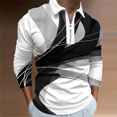 Men's Polo Shirt Golf Shirt Abstract Graphic Prints Geometry Turndown Black White Yellow Navy Blue Blue 3D Print Outdoor Street Long Sleeve Zipper Print Clothing Apparel Sports Fashion Streetwear