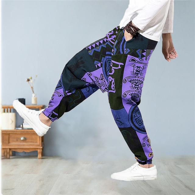 Men's Trousers Summer Pants Bloomers Baggy Harem Pants Drawstring Elastic Waist Graphic Prints Comfort Casual Daily Holiday Cotton Blend Sports Designer Purple Orange Micro-elastic