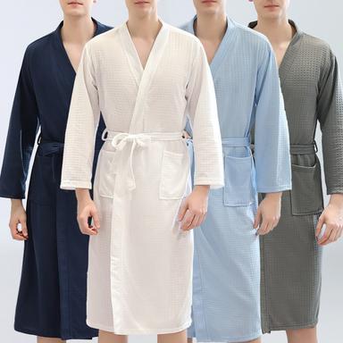 Men's Pajamas Robe Bathrobe Bath Robe Plain Stylish Casual Classic Home Waffle Fabric Comfort Breathable Soft V Neck Long Robe Pocket Spring Summer White Dark Blue