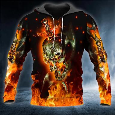 Men's Pullover Hoodie Sweatshirt Orange Hooded Skull Graphic Prints Flame Print Daily Sports 3D Print Streetwear Designer Basic Spring &  Fall Clothing Apparel Hoodies Sweatshirts  Long Sleeve