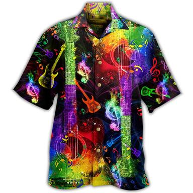 Hawaiian Mens Graphic Shirt Summer Prints Guitar Turndown Blue Green Casual Holiday Short Sleeve Button Clothing Apparel Tropical Guitars And Music Notes Neon Festival Colorful Cotton Button-Down