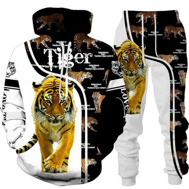 Men's Tracksuit Hoodies Set White+Dark Gray Black+Light Grey Black Yellow Light Grey Hooded Graphic Tiger 2 Piece Print Sports & Outdoor Casual Sports 3D Print Streetwear Basic Casual Spring Fall