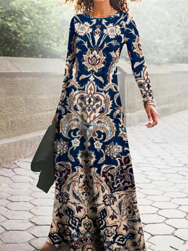 Women's Maxi long Dress Casual Dress Swing Dress Boho Dress Tribal Flower Bohemia Casual Daily Date Going out Print Long Sleeve Crew Neck Dress Regular Fit Navy Blue Blue Orange Spring Fall S M L XL