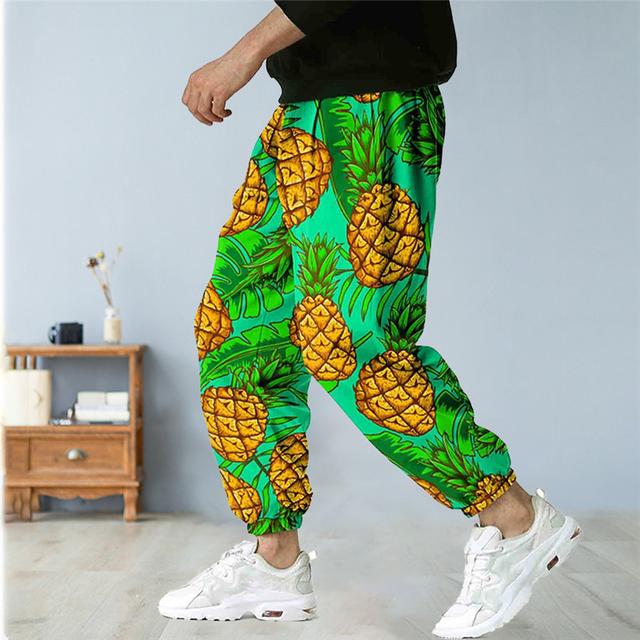 Men's Trousers Summer Pants Bloomers Baggy Harem Pants Drawstring Elastic Waist Fruit Pineapple Graphic Prints Comfort Casual Daily Holiday Cotton Blend Sports Designer Yellow Blue Micro-elastic