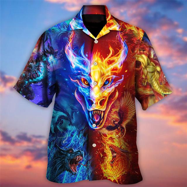 Men's Shirt Summer Hawaiian Shirt Dragon Graphic Prints Turndown Blue Casual Hawaiian Short Sleeve Print Button-Down Clothing Apparel Tropical Fashion Hawaiian Soft