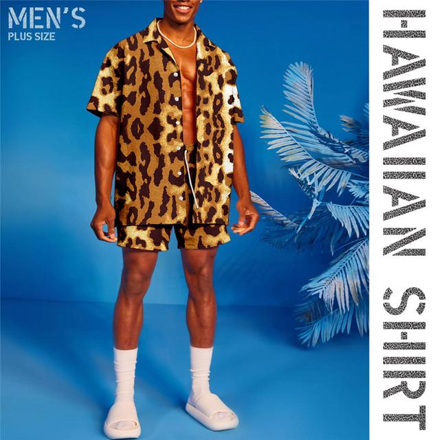 Mens Leopard Print Shirt Men's Plus Size Shirt Set Big and Tall Turndown Button Short Sleeves Spring & Summer Tropical Hawaiian Casual Sports & Outdoor Street Tops