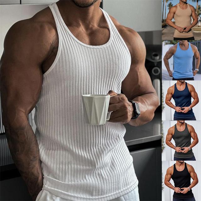 Men's Tank Top Vest Top Undershirt Sleeveless Shirt Ribbed Knit tee Striped U Neck Sport Indoor Sleeveless Clothing Apparel Fashion Streetwear