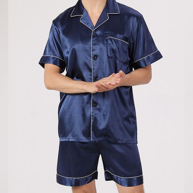 Men's Sleepwear Pajama Set Silk Pajama Pajama Top and Shorts 1 set Plain Fashion Comfort Home Bed Faux Silk Comfort Lapel Short Sleeve Shorts Button Spring Summer Black Blue