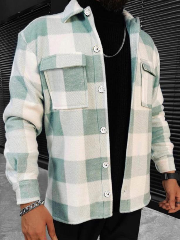 Men's Shirt Overshirt Shirt Jacket Plaid Striped Check Turndown White Long Sleeve Street Daily Button-Down Tops Basic Fashion Casual Comfortable