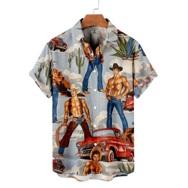 Men's Shirt Summer Hawaiian Shirt Car Graphic Prints Cowboy Turndown Blue Outdoor Street Short Sleeves Print Clothing Apparel Vintage Sports Fashion Streetwear