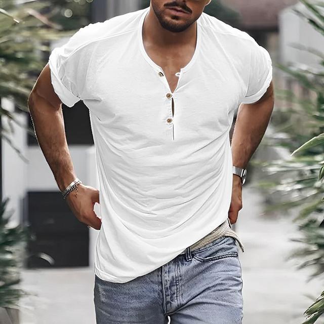 Men's Henley Shirt Tee Top Plain Henley Street Vacation Short Sleeves Button Clothing Apparel Fashion Designer Basic