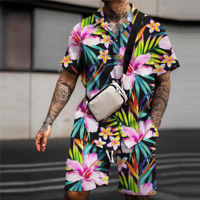 Men's Shirt Shirt Set Summer Hawaiian Shirt Floral Graphic Prints Leaves Turndown Pink Green Outdoor Street Short Sleeves Print Clothing Apparel Fashion Streetwear Designer Soft