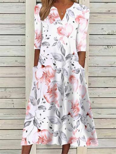 Women's Floral Ruched Pocket V Neck Midi Dress Daily Vacation 3/4 Length Sleeve Summer Spring