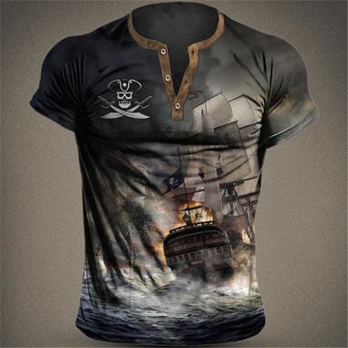 Men's Henley Shirt Graphic Ship Pirate Henley Clothing Apparel 3D Print Outdoor Daily Short Sleeve Print Button-Down Fashion Designer Comfortable