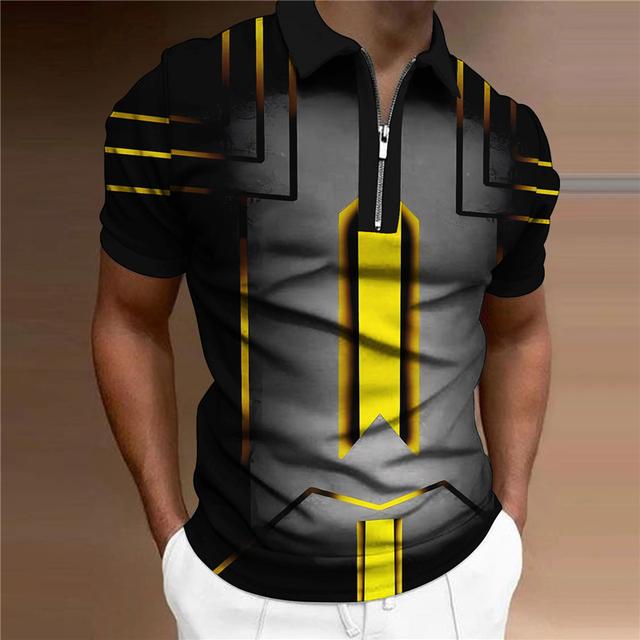 Men's Polo Shirt Lapel Polo Zip Polo Golf Shirt Graphic Prints Geometry Turndown Yellow Blue Outdoor Street Short Sleeves Zipper Print Clothing Apparel Fashion Designer Casual Breathable