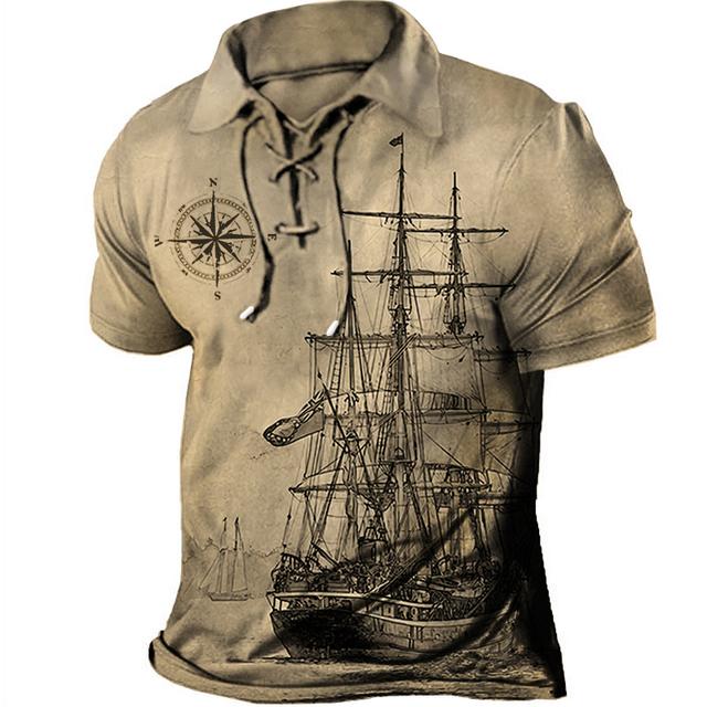 Men's Polo Shirt Golf Shirt Graphic Prints Vintage Sailboat Turndown Blue Green Khaki Gray Outdoor Street Short Sleeve Drawstring Print Clothing Apparel Sports Fashion Streetwear Designer