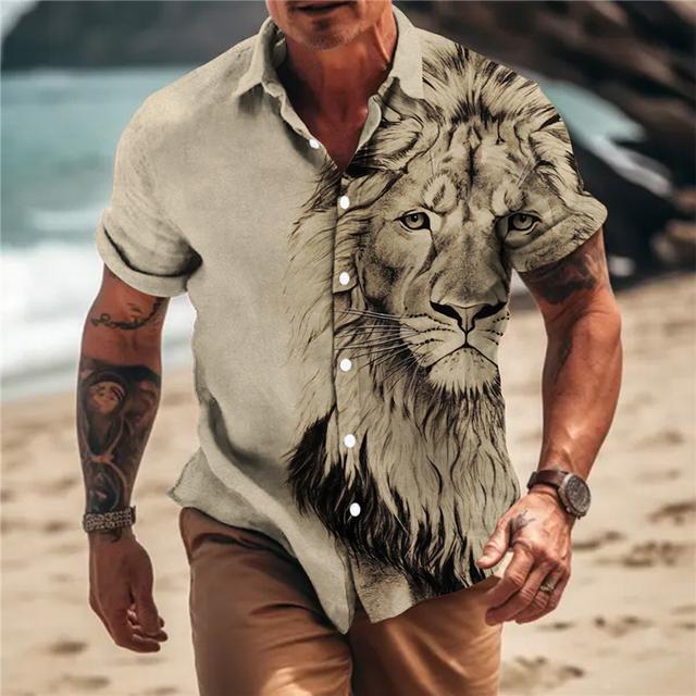 Men's Shirt Animal Lion Graphic Prints Turndown Blue Brown Khaki Gray Outdoor Street Short Sleeves Print Clothing Apparel Fashion Designer Casual Soft