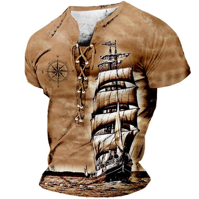 Sailboat And Compass Mens Graphic Shirt Lace Up 3D For Sailing Brown Summer Cotton Tee Ship Stand Collar Clothing Apparel Print Daily Sports Short Sleeve Black White Casual Grey