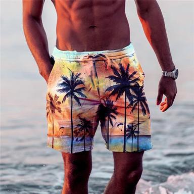 Men's Board Shorts Swim Shorts Swim Trunks Drawstring with Mesh lining Elastic Waist Coconut Tree Graphic Prints Quick Dry Short Casual Daily Holiday Hawaiian Boho Army Yellow Yellow Micro-elastic