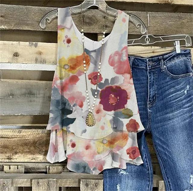 Women's Tank Top Floral Print Casual Holiday Basic Sleeveless Round Neck Gray