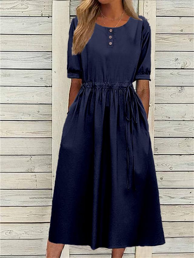 Women's Casual Dress Swing Dress Midi Dress Lace up Pocket Basic Casual Daily Crew Neck Half Sleeve Summer Spring Fall Navy Blue Blue Plain