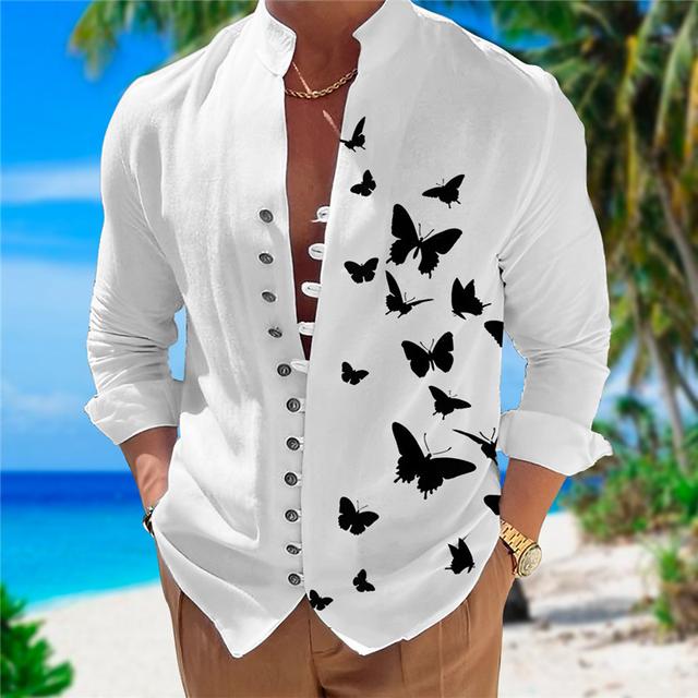 Men's Shirt Butterfly Graphic Prints Stand Collar Black White+Black White Blue Orange Outdoor Street Long Sleeve Print Clothing Apparel Fashion Designer Casual Comfortable