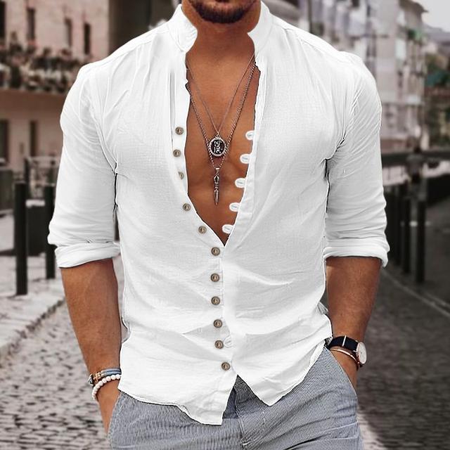 Men's Shirt Linen Shirt Summer Shirt Beach Wear Button Up Shirt Casual Shirt Black White Pink Blue Long Sleeve Plain Stand Collar Spring & Summer Casual Daily Clothing Apparel