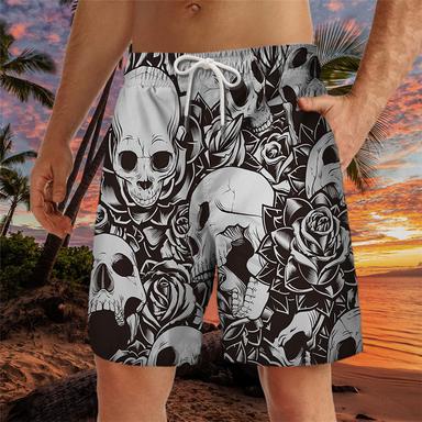 Men's Board Shorts Swim Shorts Swim Trunks Drawstring with Mesh lining Elastic Waist Skull Graphic Prints Flower / Floral Quick Dry Short Casual Daily Holiday Hawaiian Boho Gray Micro-elastic