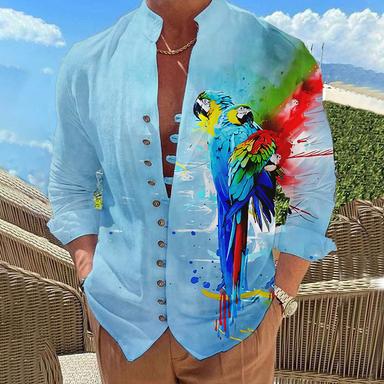 Men's Shirt Graphic Prints Parrot Stand Collar Yellow Blue Purple Green Outdoor Street Long Sleeve Print Clothing Apparel Fashion Designer Casual Comfortable