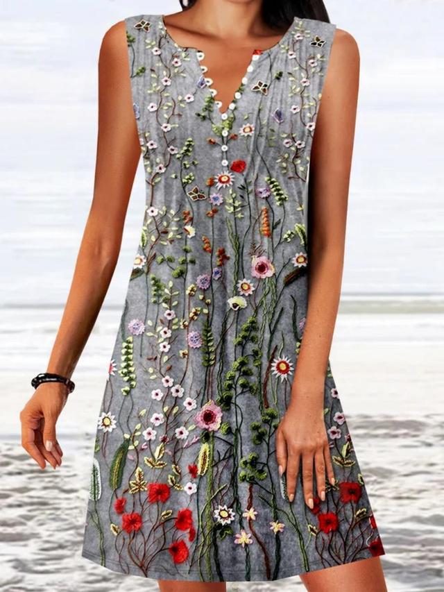 Women's Tank Dress Floral Button Print V Neck Mini Dress Daily Vacation Sleeveless Summer Spring