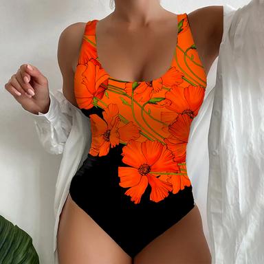 Women's Swimwear One Piece Swimsuit Backless Printing Floral Scoop Neck Stylish Bathing Suits