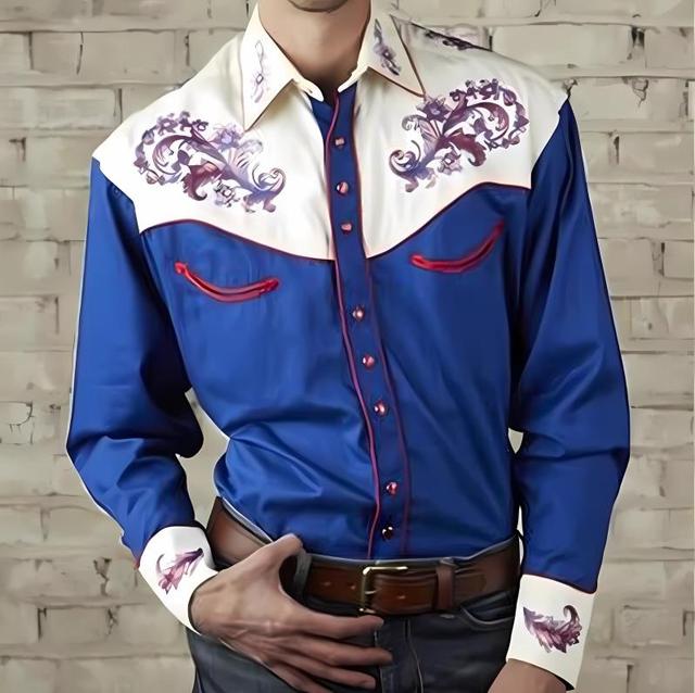 Men's Shirt Western Shirt Floral Graphic Prints Turndown Blue 3D Print Outdoor Street Long Sleeve Print Button-Down Clothing Apparel Fashion Designer Casual Soft