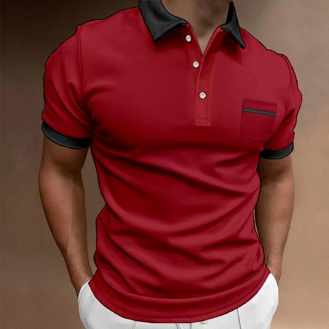 Men's Button Up Polos Polo Shirt Casual Holiday Lapel Short Sleeve Fashion Basic Color Block Button Pocket Summer Regular Fit Light Sky Blue White Red Navy Blue Blue Black-white Button Up Polos