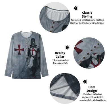 Graphic Templar Cross Soldier Designer Basic Classic Men's 3D Print T shirt Tee Henley Shirt Tee Vintage Shirt Outdoor Daily Sports T shirt Red Purple Brown Long Sleeve Henley Shirt Spring &  Fall