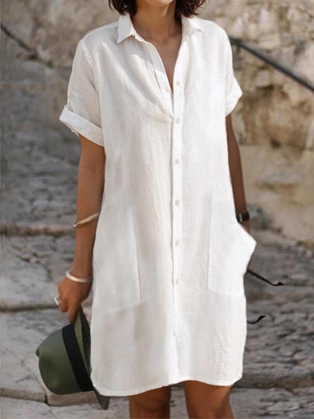 Women's White Dress Shirt Dress Cotton Linen Dress Mini Dress Formal Outdoor Daily Linen Basic Casual Shirt Collar Button Pocket Short Sleeve Summer Spring Loose Fit Pure Color