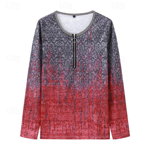 Women's T shirt Tee Going Out Tops Print Quarter Zip Daily Weekend Daily Basic Long Sleeve Half Zip V Neck Red Fall & Winter