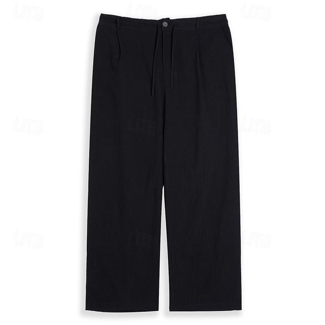 Men's Trousers Summer Pants Beach Pants Drawstring Wide Leg Front Pocket Plain Comfort Soft Casual Daily 100% Cotton Fashion Streetwear Black White Micro-elastic